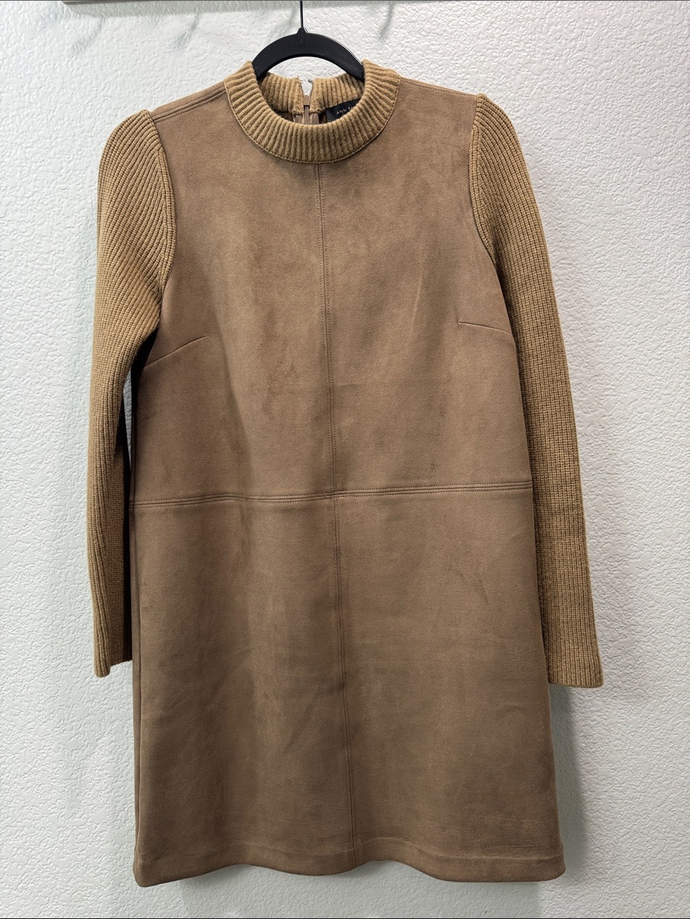 Ann Taylor Brown Taupe Suede-Front Knit Sleeve Dress